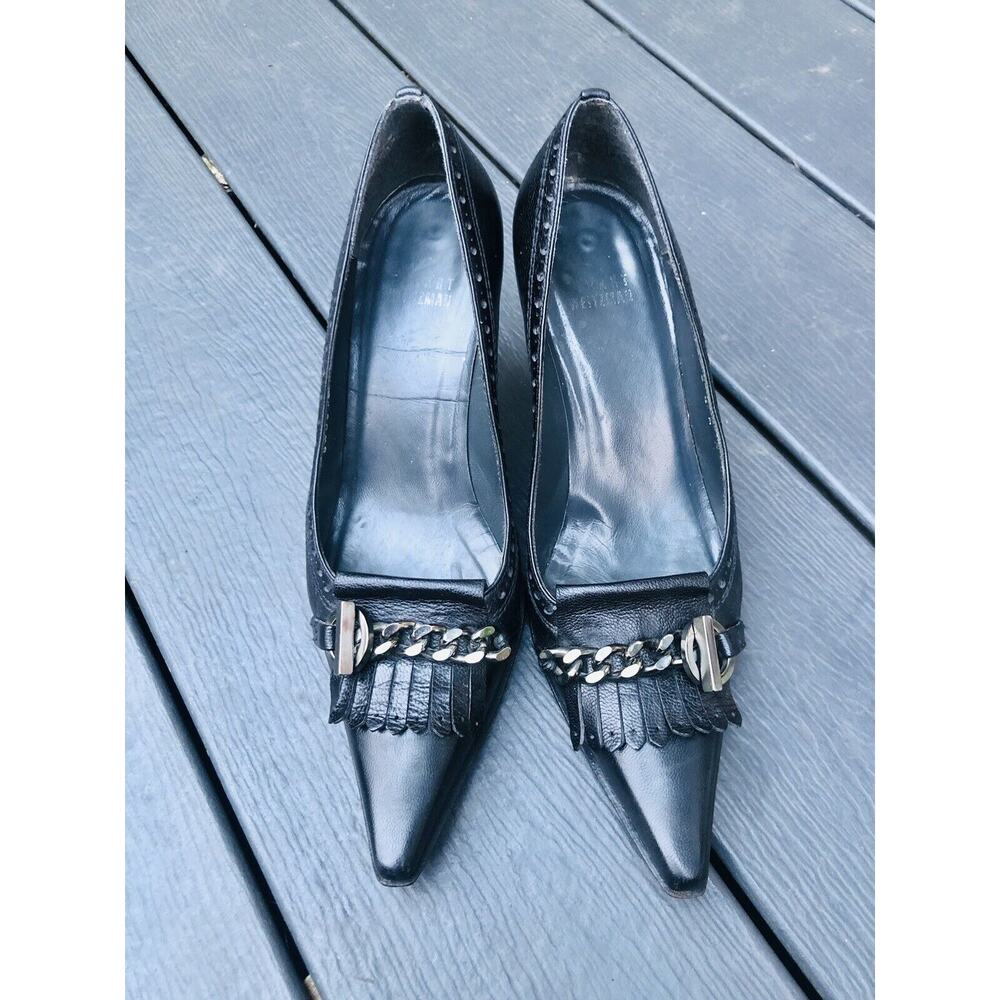 Stuart Weitzman Black Leather Pumps Kitten Heels 6.5 Chain